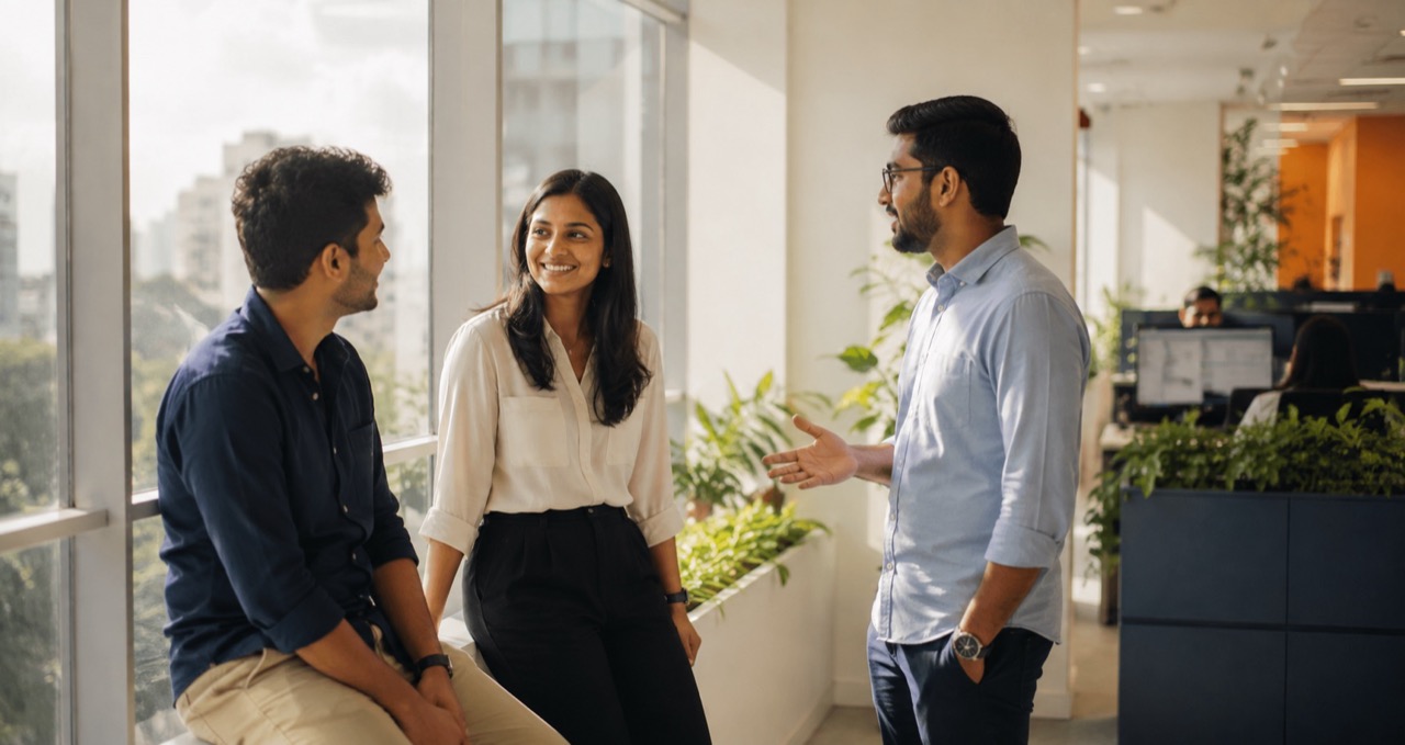 Three Offset Shore colleagues talking beside a window in the Colombo office.