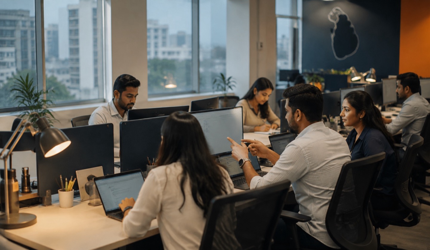 An Offset Shore team at work in the Colombo delivery centre, two colleagues reviewing a screen together.